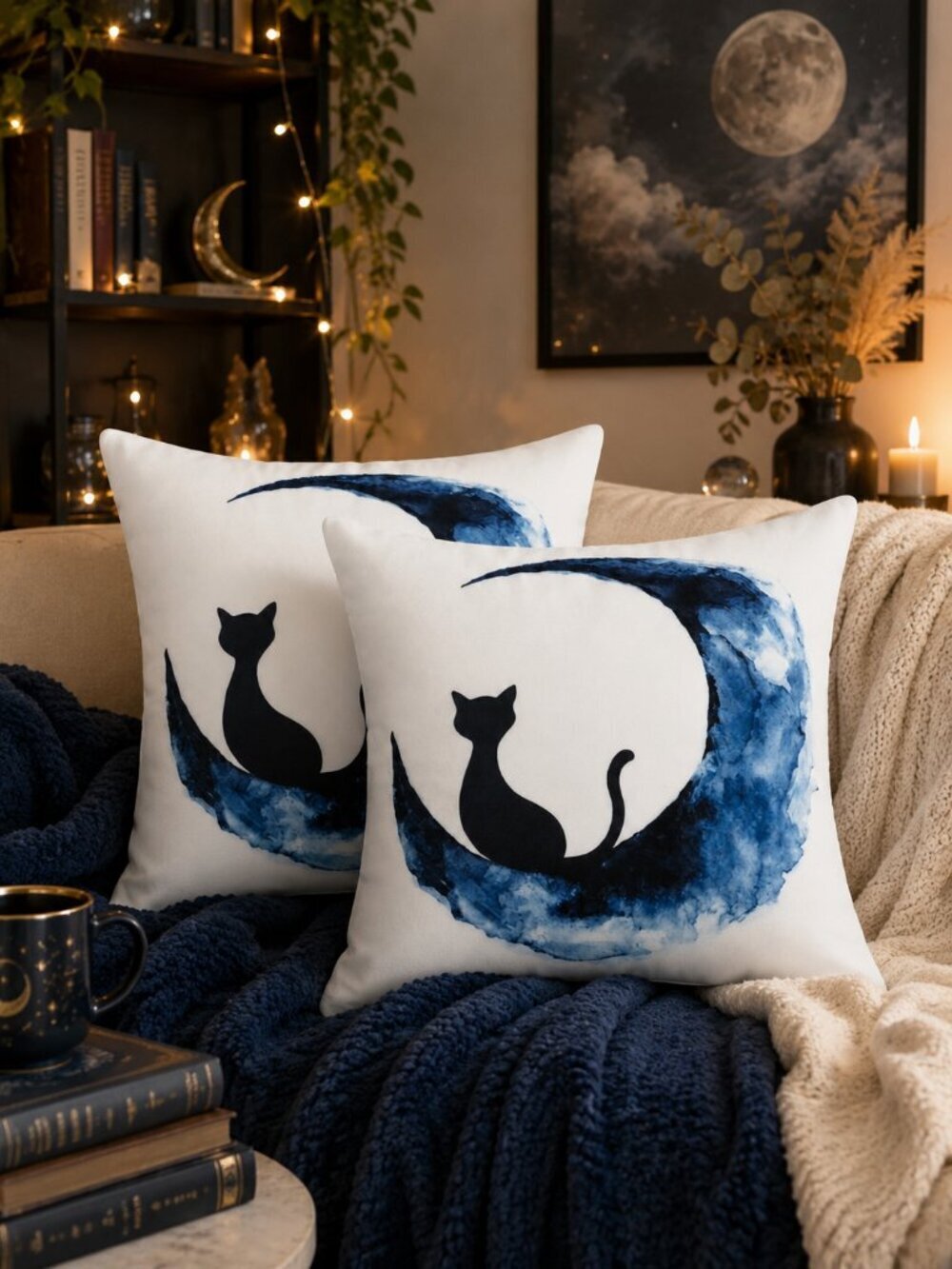 Set 2 Black Cat Blue Moon Pillow Covers 18x18 Halloween Fall Spooky Chic